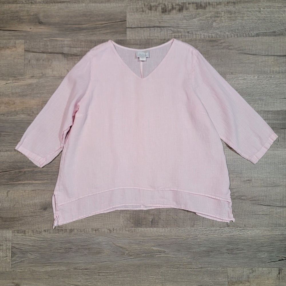 La Fixsun Womens Pink 100% Linen V-Neck 3/4 Sleeve Top Size Medium Lagenlook